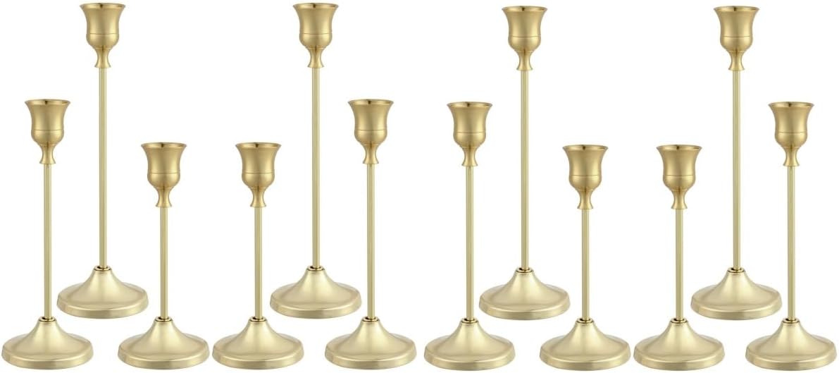 Candlestick Holders 4 Sets(12 Pcs), Brass Gold Candle Holders with Anti-Slip Pad, Metal Taper Candle Holder, Candle Holder for Wedding Fireplace Mantel Housewarming Gift