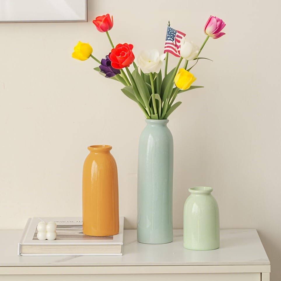 10.4 inches Tall Decorative Ceramic Vase Set, 3 Pieces, Nordic Modern Boho Style, White, Modern Farmhouse for Home Decor (Coffee Mix)