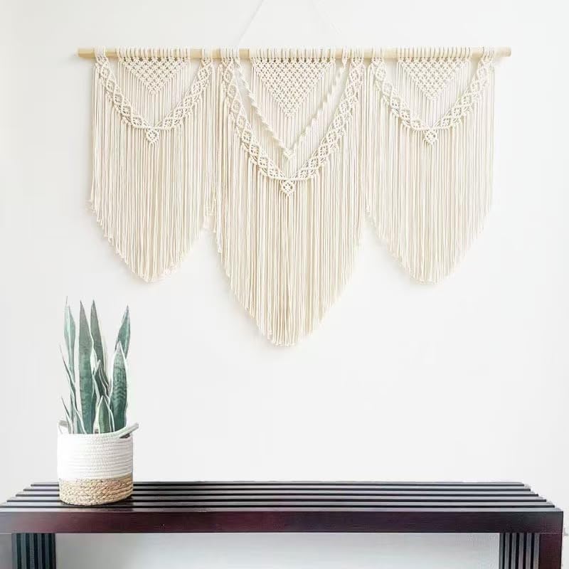 oiikain Large Handmade Boho Macrame Wall Hanging Tapestry - Chic Bohemian Woven Home Decor art for Living Room, Bedroom, and Wedding Parties (Beige, twelve rhombus)