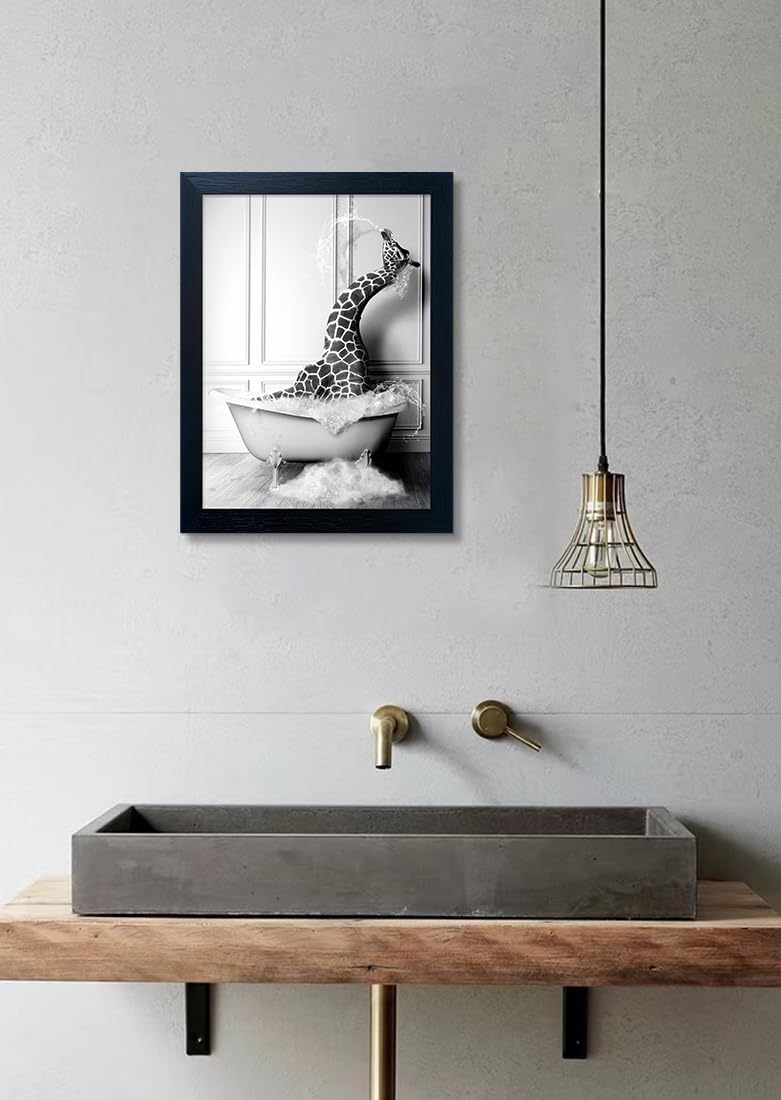 Bathroom Picture Wall Decor, Framed Black and White Bathroom Wall Art, Toilet Paper in Little Funny Raccoon's Hand Animal Canvas Print Painting