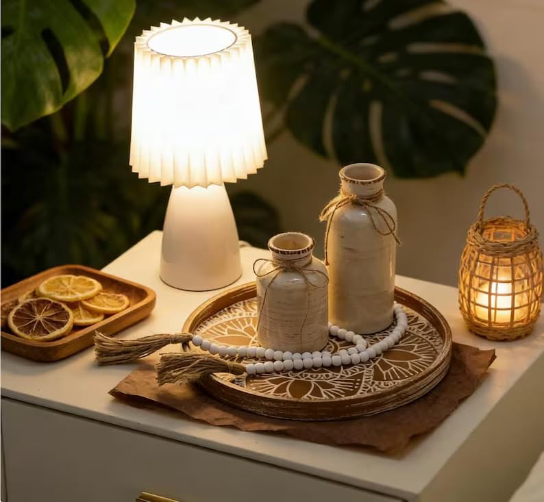 Hanobe Decorative Serving Tray Round: Farmhouse Coffee Table Decor Boho White Mandala Trays for Living Room Kitchen Bathroom Display