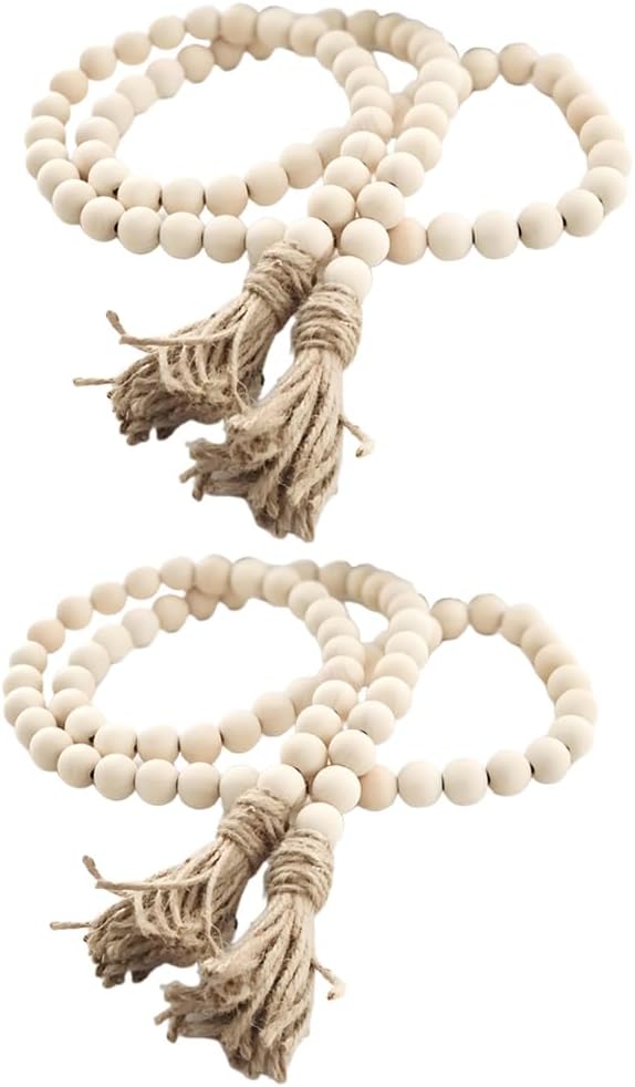 Sivya 58in Farmhouse Beads Wood Bead Garland with Tassels (Natural Wood, 58in/1Pcs)