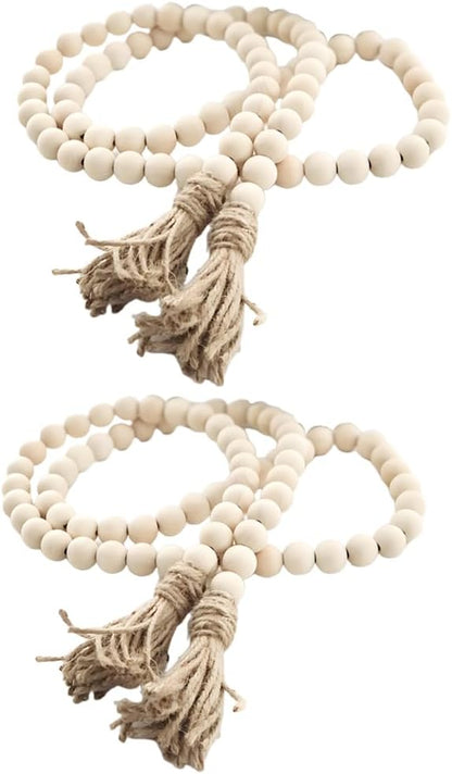 Sivya 58in Farmhouse Beads Wood Bead Garland with Tassels (Natural Wood, 58in/1Pcs)