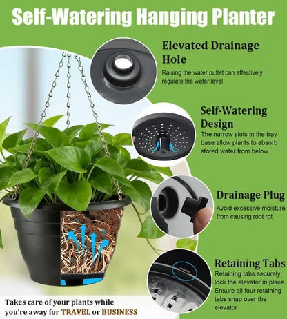 RooTrimmer Hanging Planters for Indoor Outdoor Plants 8 and 10 Inch, 4 Packs Hanging Flower Pot with Drainage Holes, Self-Watering Hanging Basket Perfect for Home, Office and Garden, White