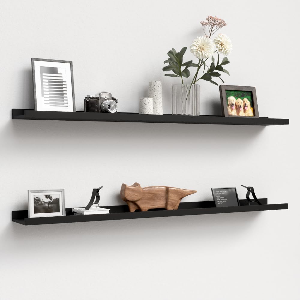 Boswillon Floating Shelves Wall Mounted Set of 2, Modern Black Wall Shelves for Storage with Lip, Display Picture Ledge Shelf for Wall Decor Bedroom Living Room Bathroom Kitchen
