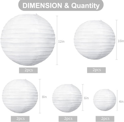 BEISHIDA 10Pcs White Paper Lanterns Decorative Chinese/Japanese Hanging Round Paper Lanterns Lamp for Birthday, Wedding, Christmas, Bridal, Home Decor, Party Decoration(Size of 4”, 6”, 8”, 10”)