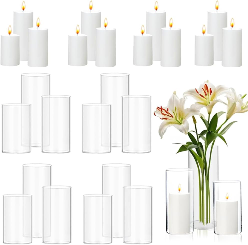 24 Pcs White Pillar Candles and Glass Candle Holders Cylinder Candle Vases for Pillar Candles Hurricane Candle Holders Set for Wedding Party, Event, Home Office Decor