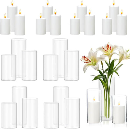 24 Pcs White Pillar Candles and Glass Candle Holders Cylinder Candle Vases for Pillar Candles Hurricane Candle Holders Set for Wedding Party, Event, Home Office Decor