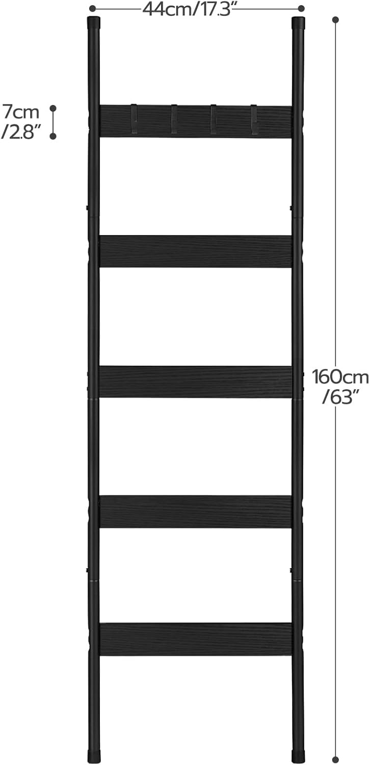 HOOBRO Blanket Ladder, 5-Tier Towel Rack with Hooks, Wall-Leaning Blanket Rack, Decorative Display Ladder Shelf, for Scarves, Industrial, Living Room, Bedroom, Rustic Brown and Black BF52CJ01