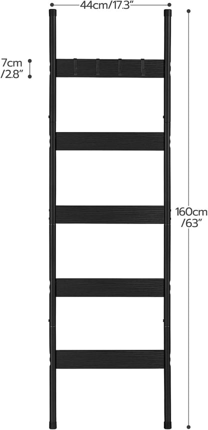 HOOBRO Blanket Ladder, 5-Tier Towel Rack with Hooks, Wall-Leaning Blanket Rack, Decorative Display Ladder Shelf, for Scarves, Industrial, Living Room, Bedroom, Rustic Brown and Black BF52CJ01