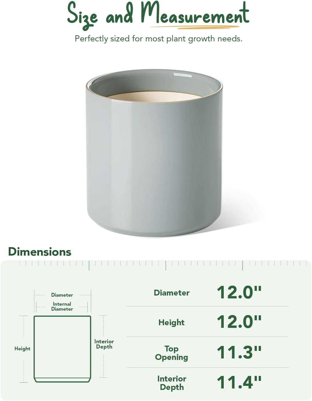 LE TAUCI 12 Inch Pot for Plants, Ceramic Planters for Indoor Plants, Mid-Century Modern Cylinder Flower Pots with Drainage Hole, Fits Fiddle Leaf Fig & Monstera, Home Decor, White