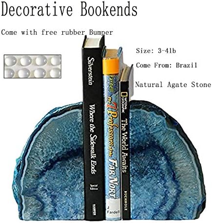 JIC Gem Dyed Blue Agate Bookends Geode Decorative Book Ends for Heavy Books with Rubber Bumpers for Office and Home Decoration Polished Small Size 2 to 3 Lbs