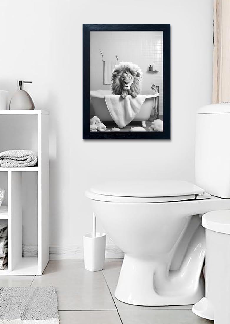Bathroom Picture Wall Decor, Framed Black and White Bathroom Wall Art, Toilet Paper in Little Funny Raccoon's Hand Animal Canvas Print Painting