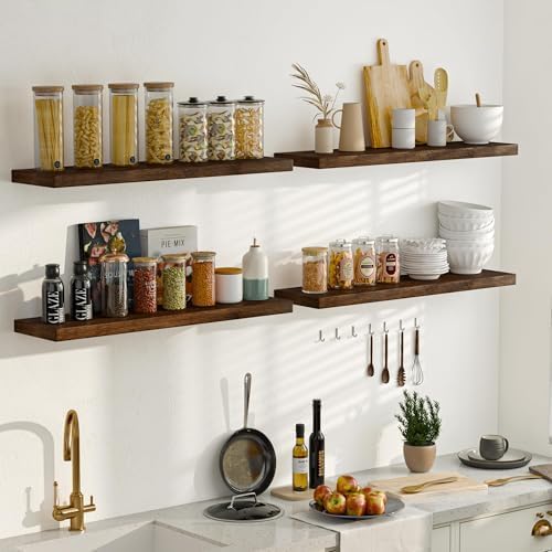 Floating Shelves 36 Inches Long - 8 Inch Deep Rustic Premium Solid Pine Wood for Storage - Farmhouse Wall Mounted for Living Room - Heavy-Duty Metal Bracket - 36" W x 8" D - Set of 2 - White Color