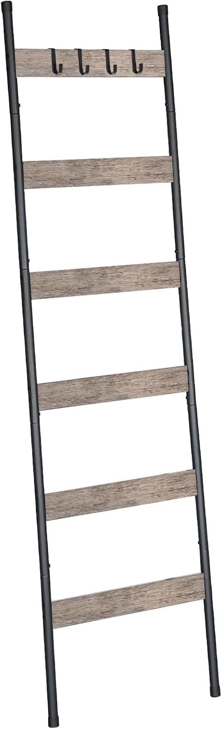 HOOBRO Blanket Ladder, 5-Tier Towel Rack with Hooks, Wall-Leaning Blanket Rack, Decorative Display Ladder Shelf, for Scarves, Industrial, Living Room, Bedroom, Rustic Brown and Black BF52CJ01