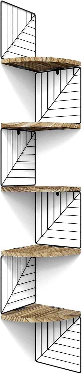 Love-KANKEI Corner Shelf Wall Mount of 5 Tier Rustic Wood Floating Shelves Wall Shelves for Bedroom Living Room Bathroom Kitchen Office and More Carbonized Black