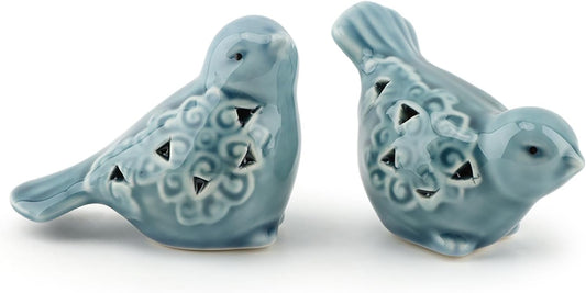 Set of 2 Blue Ceramic Bird Figurines, Glazed Bird Statues with Flower Detail, Farmhouse Modern Home Decor for Shelves, Bookcase, TV Stand, Entryway, Desk