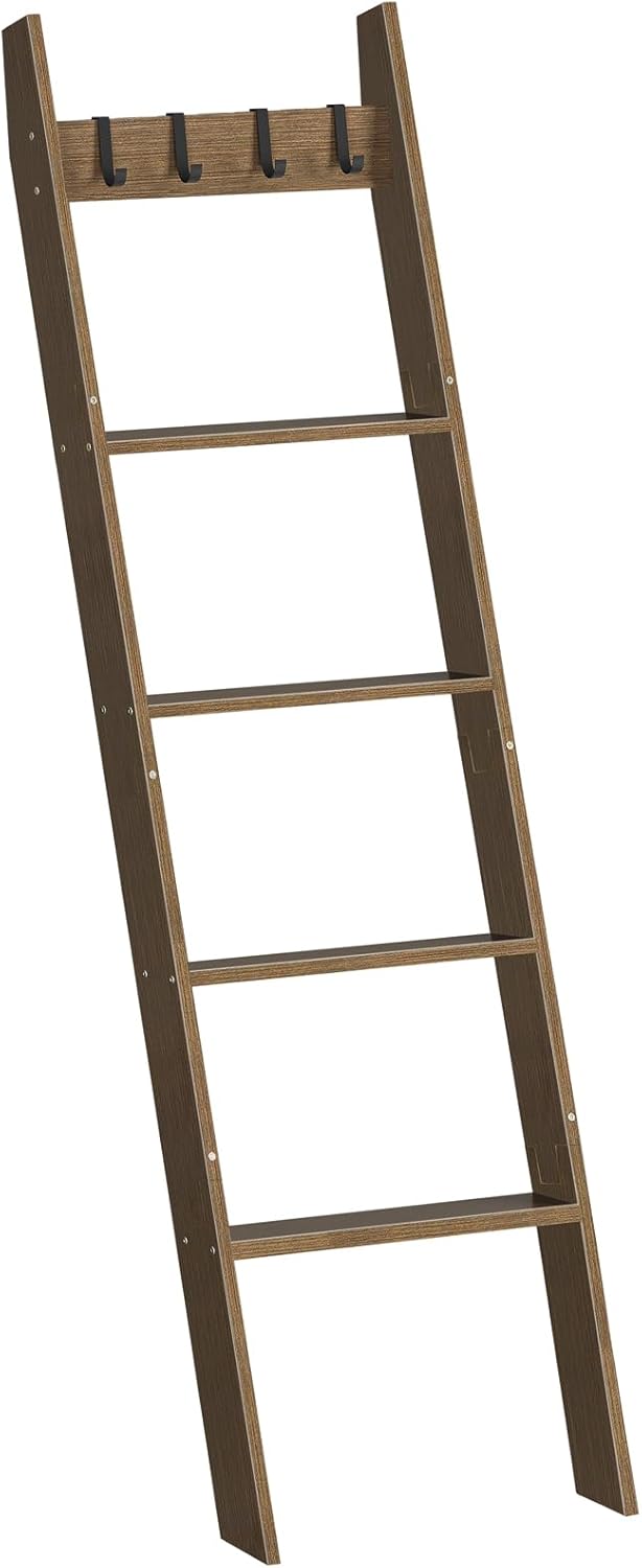 HOOBRO Blanket Ladder for Living Room and Bedroom, 5-Tier Wall Leaning Towel Rack for Bathroom, Decorative Ladder Shelf with 4 Removable Hooks, Farmhouse Blanket Storage, Mocha MA51CJ01G1