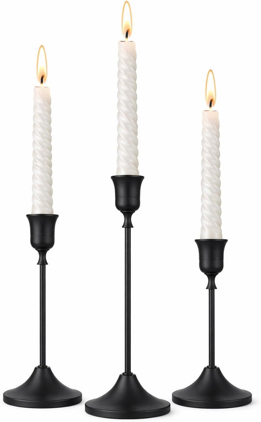 Black Taper Candle Holders Set of 3, Metal Vintage Candlestick Stands for Dining Table Centerpiece, Wedding Decor, Fireplace Mantel, Housewarming Gift