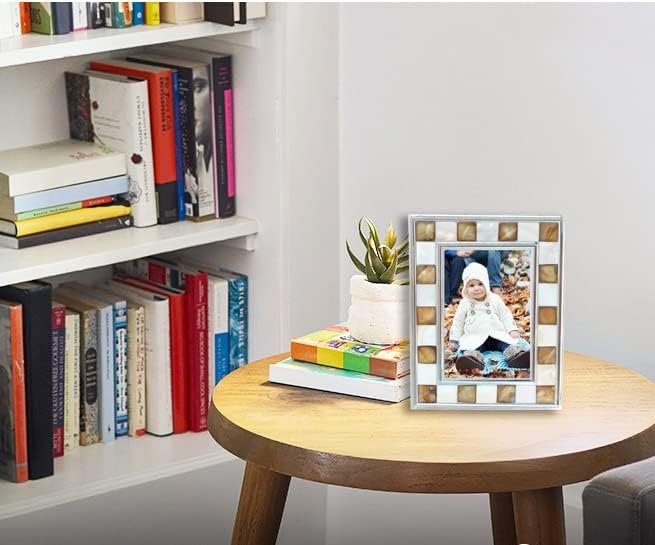 Silver Plate Picture Frame 5x7 Mother of Pearl 5 by 7 Photo Frame Mosaic Glass Tabletop Frame (Grey+ White,1pc)