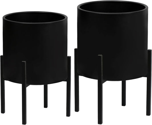 ARNIS Modern Plant Pots, Set of 2 Large Planters with Stand, Decorative Planters, Metal Pots with Drainage Holes for Living Room, Office, Garden or Balcony, 8.25 &10.5 Inch, Dirt