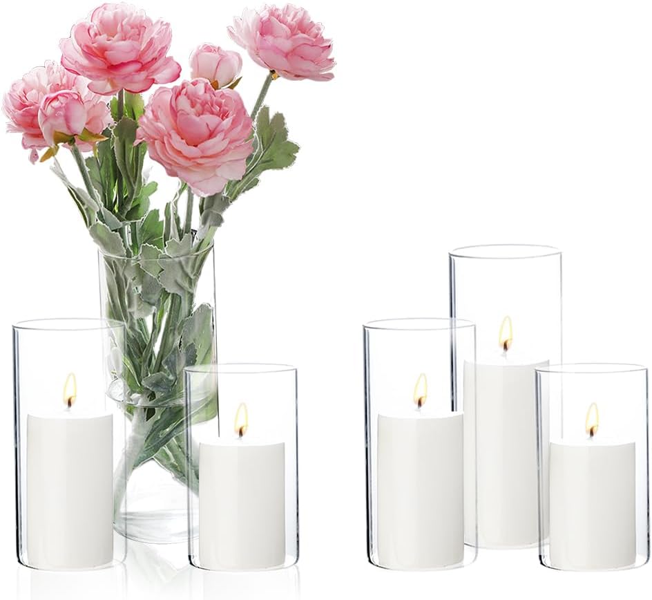 24 Pcs White Pillar Candles and Glass Candle Holders Cylinder Candle Vases for Pillar Candles Hurricane Candle Holders Set for Wedding Party, Event, Home Office Decor