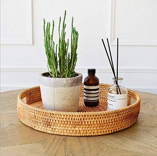 13.8 inch Round Rattan Tray, Decorative Coffee Table Tray, Ottoman Tray, Woven Serving Tray with Handles, Wicker Serving Basket, Whitewash