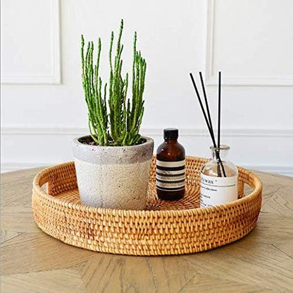 13.8 inch Round Rattan Tray, Decorative Coffee Table Tray, Ottoman Tray, Woven Serving Tray with Handles, Wicker Serving Basket, Whitewash
