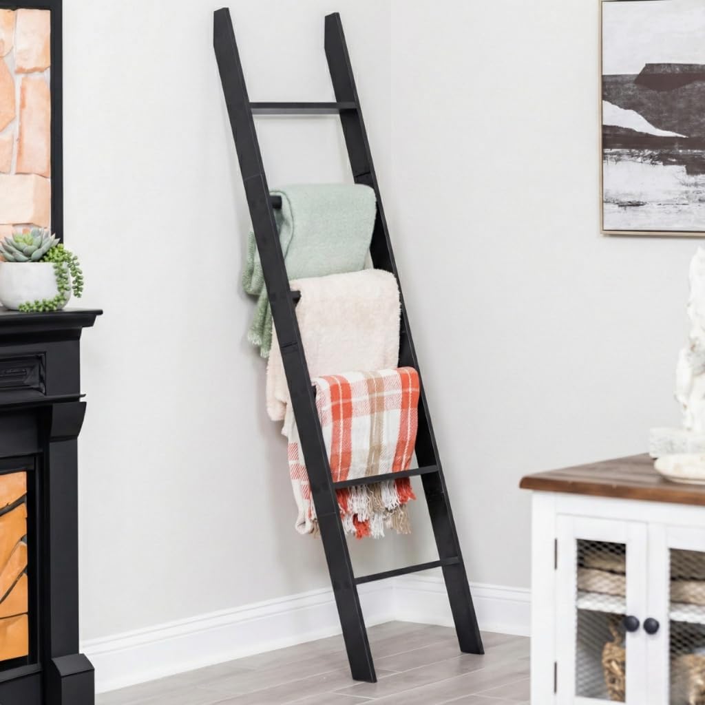 Blanket Ladder for Living Room and Bedroom, 5ft 8 inch, 6-Tier Wall Leaning Laminate Snag Free Construction (White) Rustic Decorative Farmhouse Blanket Storage, Quilt Rack, Ladder Shelf, Easy Assembly
