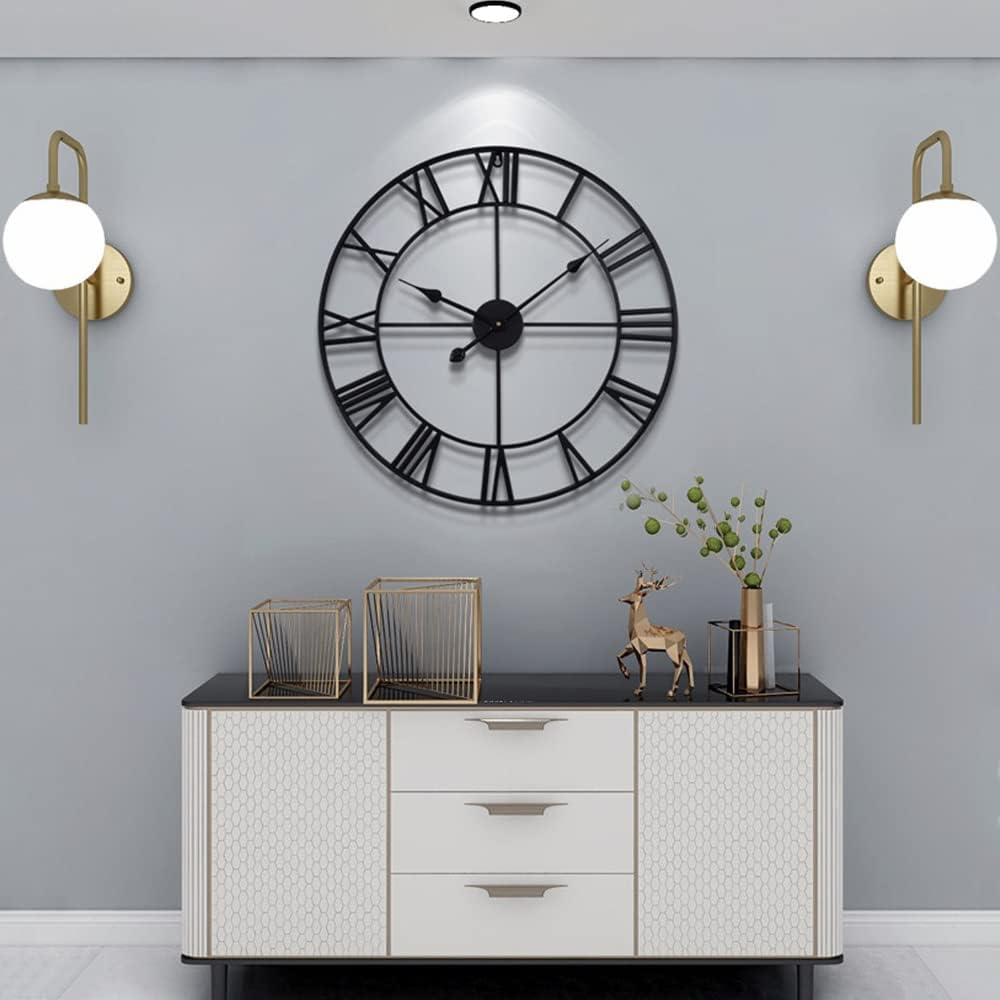 LEIKE 16" Large Wall Clocks Battery Operated, Round Modern Silent Non-Ticking Black Metal Wall Clock for Living Room Decor, Bedroom Kitchen (40cm Diameter, Black Roman Number)