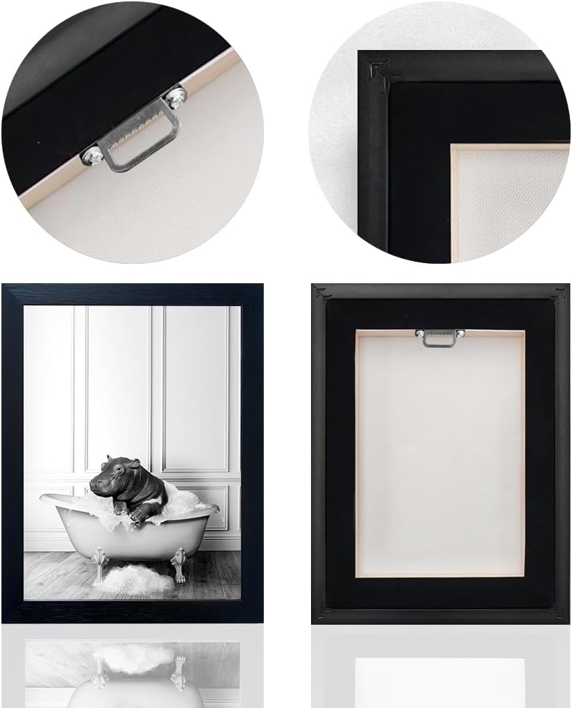 Bathroom Picture Wall Decor, Framed Black and White Bathroom Wall Art, Toilet Paper in Little Funny Raccoon's Hand Animal Canvas Print Painting