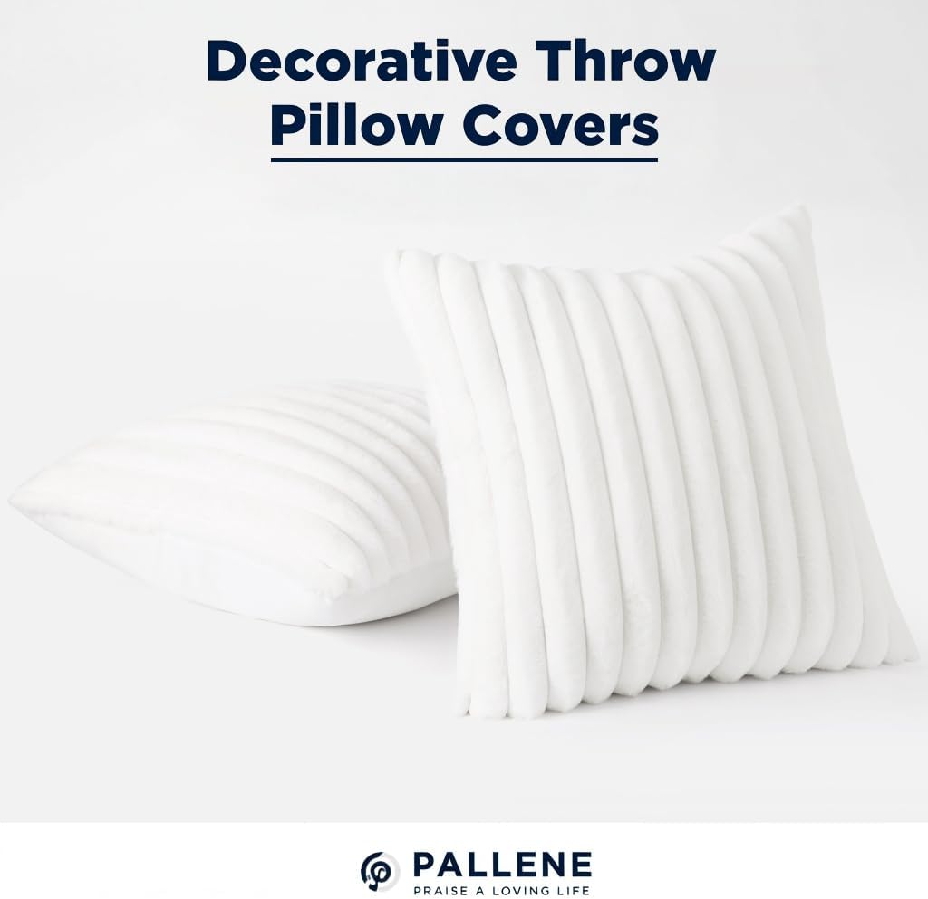 Pallene Faux Fur Plush Throw Pillow Covers 18x18 Set of 2, Luxury Soft Fluffy Striped Decorative Pillow Covers for Sofa, Couch, Living Room, Cream White