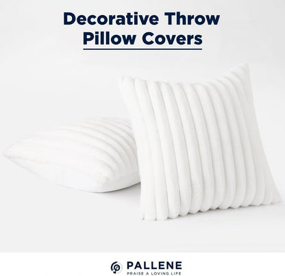Pallene Faux Fur Plush Throw Pillow Covers 18x18 Set of 2, Luxury Soft Fluffy Striped Decorative Pillow Covers for Sofa, Couch, Living Room, Cream White