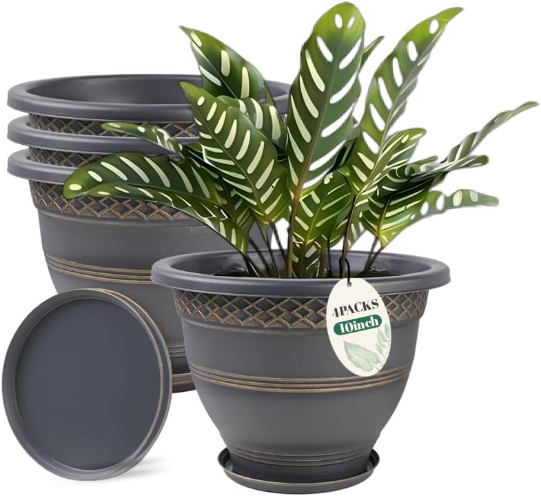 Usocik 10 Inch 4 Pack Plant Pots, Plastic Flower Pot for Indoor & Outdoor with Drainage Holes & Saucer, Plaid Pattern Planters Garden Pots for Herbs