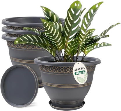 Usocik 10 Inch 4 Pack Plant Pots, Plastic Flower Pot for Indoor & Outdoor with Drainage Holes & Saucer, Plaid Pattern Planters Garden Pots for Herbs