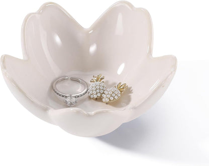 Pink Flower Ring Dish Holder,Jewelry Dish Tray,Small Trinket Tray,Jewelry Plate Bowl,Key Bowl,Decorative Plate,Mothers Day Birthday Gifts for Women Friends,Ceramic Kiln effect White