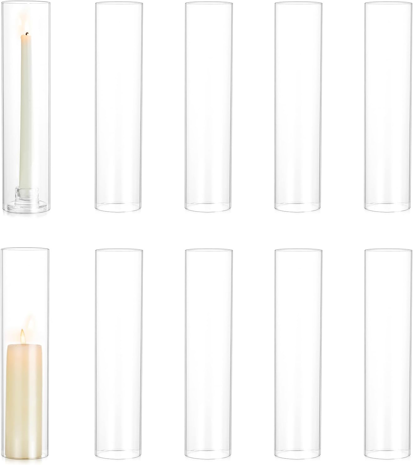 Hewory Hurricane Glass Candle Holders: 10 PCS Clear Open Ended Cylinder Candle Holder Sleeve for Candlestick Holders - Taper Candle Holder Bulk for Wedding Christmas Centerpiece Decor (D 2.5" x H 11")