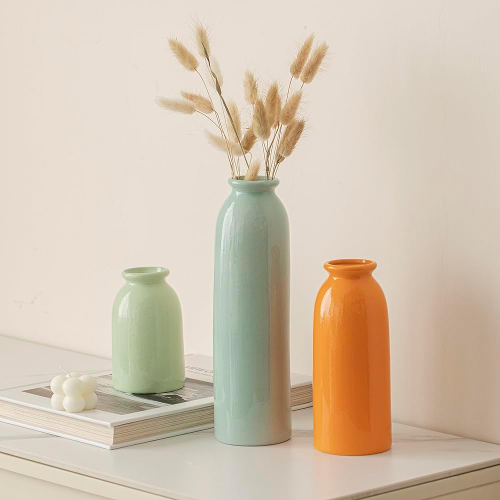 10.4 inches Tall Decorative Ceramic Vase Set, 3 Pieces, Nordic Modern Boho Style, White, Modern Farmhouse for Home Decor (Coffee Mix)