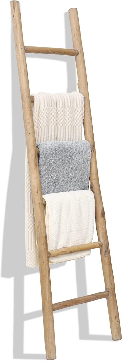 FUIN 57in Wood Blanket Ladder Living Room Decorative Wall Leaning Farmhouse Quilt Display Holder Rustic Wooden Towel Rack for Bathroom, Brown