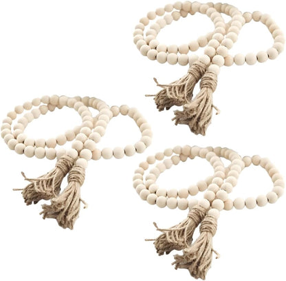 Sivya 58in Farmhouse Beads Wood Bead Garland with Tassels (Natural Wood, 58in/1Pcs)
