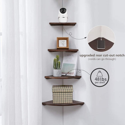 Corner Shelves, Floating Corner Shelf, Set of 2 7inch Solid Oak Wood Wall Shelves, Round End Wall Mount with Wire Hole Shelving for Small Plant for Bedroom Kitchen, Living Room
