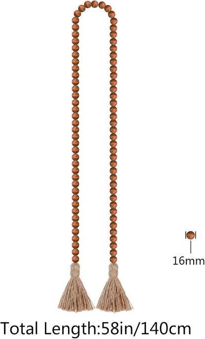 58in Wood Bead Garland with Tassels, Farmhouse Rustic Country Decor Prayer Boho Wall Hanging Decoration (Nature)