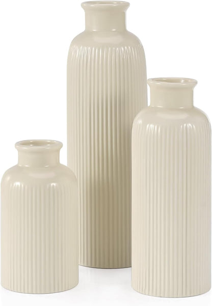 Small White Ceramic Vase Set of 3, Boho Modern White Flower Vase Room Decor, Farmhouse Decor, Vases for Your Kitchen, Bathroom, Bedroom, Living Room, Office&Shelf Centerpiece Table Decorations