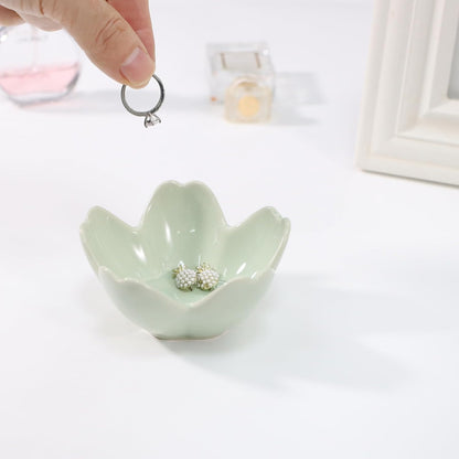 Pink Flower Ring Dish Holder,Jewelry Dish Tray,Small Trinket Tray,Jewelry Plate Bowl,Key Bowl,Decorative Plate,Mothers Day Birthday Gifts for Women Friends,Ceramic Kiln effect White
