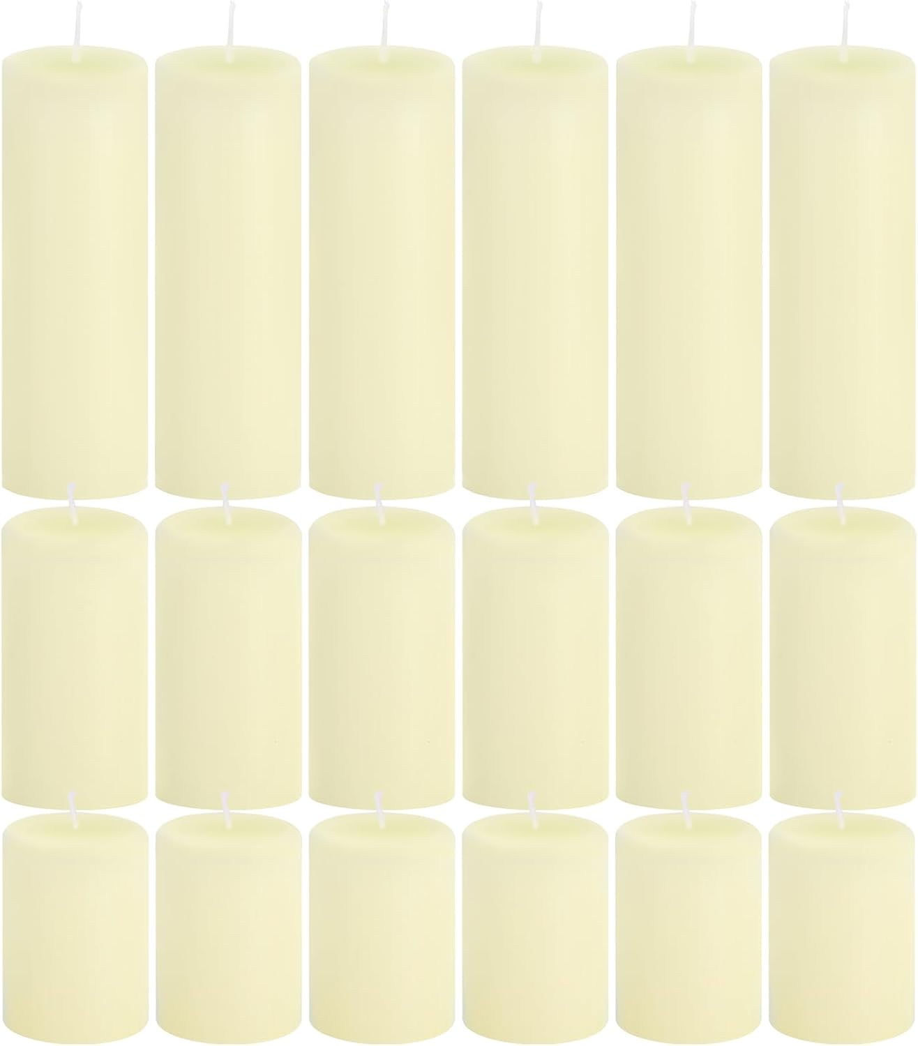 18 Pcs Ivory Pillar Candles Bulk Set，3 Different Lengths 2 x 3/4/6 Inch (6 Each)，Hurricane Candles，Dripless Unscented Smokeless，Gives You a Better Atmosphere When Organizing an Event Party.