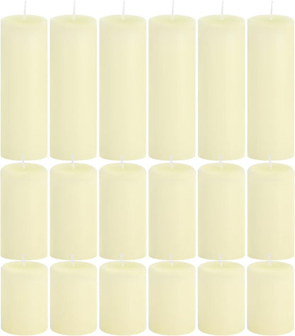 18 Pcs Ivory Pillar Candles Bulk Set，3 Different Lengths 2 x 3/4/6 Inch (6 Each)，Hurricane Candles，Dripless Unscented Smokeless，Gives You a Better Atmosphere When Organizing an Event Party.