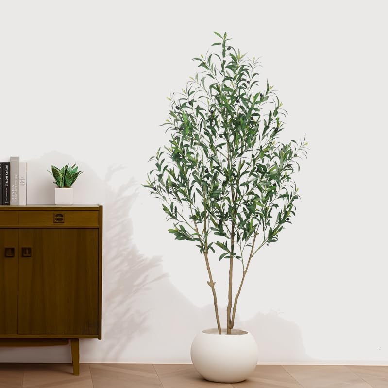 Artificial Olive Tree with White Pot,6FT high, Fake Tree containing 1440 Dense Leaves and 80 Highly Simulated Olive Fruits, Suitable for Home Office Living Room Floor Decoration