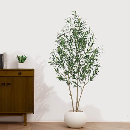 Artificial Olive Tree with White Pot,6FT high, Fake Tree containing 1440 Dense Leaves and 80 Highly Simulated Olive Fruits, Suitable for Home Office Living Room Floor Decoration