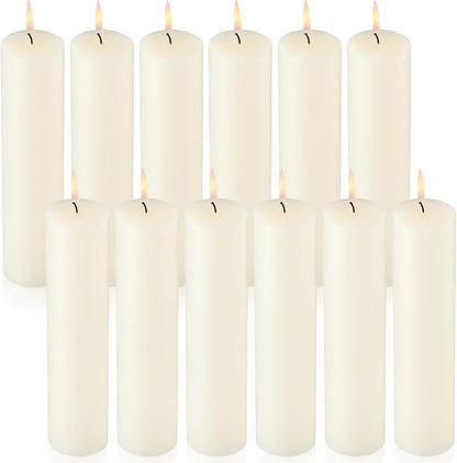 Lounsweer 12 Pack Ivory Pillar Candles Bulk Large Unscented Paraffin Wax Long Lasting Candles Clean Burning Supplies for Home Decor Wedding Party Dinner Bath Spa(2 x 8 Inch)