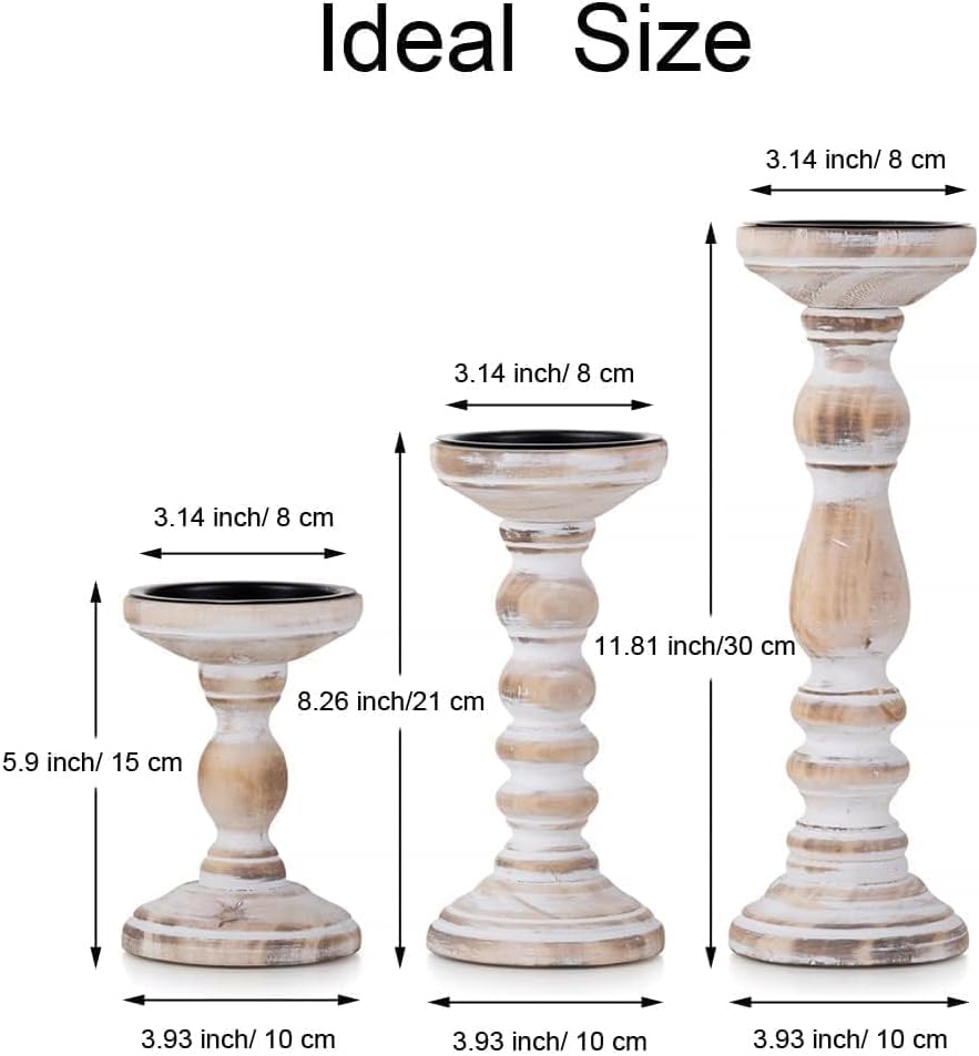 Wood Pillar Candle Holder: 3Pcs Rustic White Candle Holders for Pillar Candles Wood Candle Holders Distressed Wooden Farmhouse Candle Holder Large Rustic Candle Holder for Fireplace Table